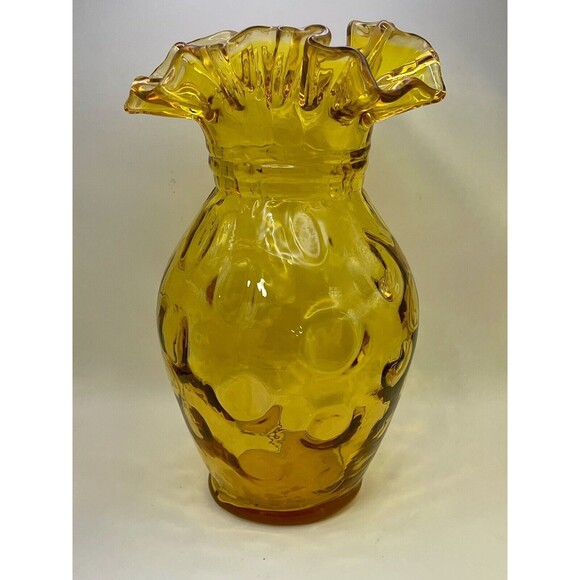 Fenton Amber Glass Coin Dot Pinched Double Ruffle Top Vase - Picture 3 of 6
